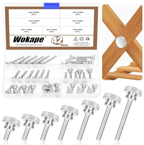 Wokape 42Pcs M4 Knurled Thumb Screw Assortment Kit, M4*8/10/12/16/20/25/30MM Nickel Plated Iron Knurled Thumbscrew Flat Knurled Head Fully Threaded Bolts Fastener with Shoulder Grip Knobs Fasteners