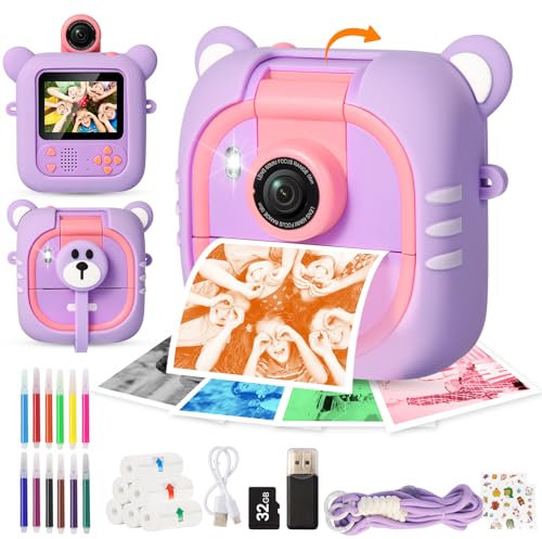 ARNSSIEN Kids Camera Instant Print, 7 Print Paper (4 Color: O/R/G/B+3 B&W), 2.4 Screen Instant Camera for Kids Ages 3-12,1080P, 180°Flip Lens,32GB Card- Christmas Birthday Present for Boys & Girls,M2