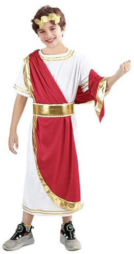 DAVBNM Ancient Roman Greek God Costume Fancy Dress Up Outfits Set with Laurel Headband, Roman Emperor Childs Costume White Tunic With Red Sash, a Belt and Gold Leaf Headpiec