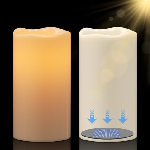 Eldnacele Candele a LED a energia solare, per esterni, impermeabili, a batteria, effetto fiamma, tremolante, interruttore crepuscolare, set da 2 pezzi (diametro 7,5 x 15 cm, crema)