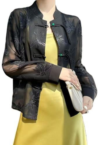 Giacca Trasparente a Maniche Lunghe in Stile Cinese, Camicia Qipao retrò Primaverile e Autunnale, Top Ricamato da Donna (Nero,L)