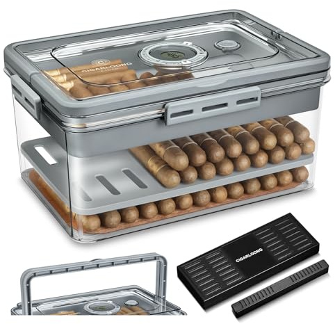 demcigar cigarr humidor med 2 luftfuktare och hygrometer, skrivbordshandtag cigarrlåda, lufttät cigarrluftfuktare med cederträchip som rymmer cirka 120 cigaretter, gåvor för män fars dag