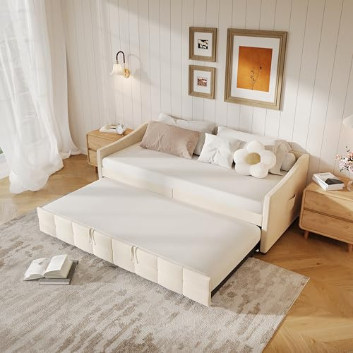 Liuyoyo Cama tapizada sofá cama extensible 90/180 x 200 cm con somieres, cama multifunción de franela hipoalergénica, sin colchón, beige, crema
