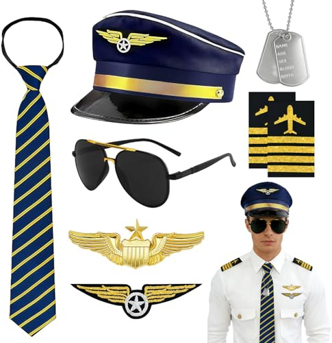 Hpbaggy Set di Costumi da Pilota,8PCS Accessori costume pilota,Cappello da capitano,Cravatta,Occhiali da Sole,Collana,Distintivo,patch,Accessori da Capitano Pilota,per Carnevale,Cosplay,feste a tema