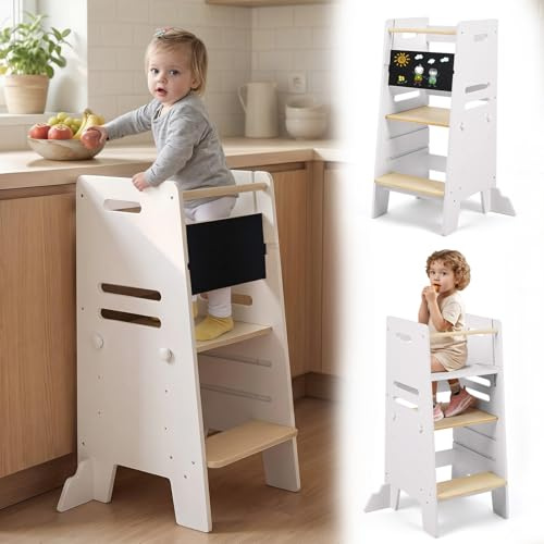 Labebe Torre de Aprendizaje para Niños Desde 1 Año, Learning Tower 3 en 1 con Pizarra y Asiento, Torre de Aprendizaje Ajustable en 3 Alturas, Ayudante de Cocina Seguro de Madera