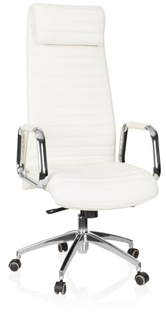 hjh OFFICE 600902 Fauteuil de Direction ASPERA 20 Cuir Nappa Blanc Crème/Chrome Chaise de Bureau avec Haut Dossier