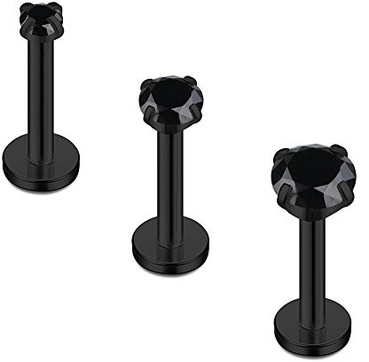 Ruifan Black Plated Stainless Steel 2mm 3mm 4mm Black CZ Gem Internally Threaded Labret Monroe Lip Ring Tragus Nail Helix Earring Stud Barbell Piercing Jewelry 16G 8mm 3pcs