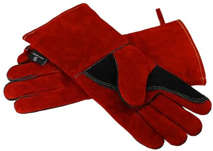 OLSON DEEPAK Leather Heavy Duty Heat Resistant Safety Gauntlet Gloves,Used for Welding,Fireplace,Oven,Woodburner,Stoves,BBQ,1pair (RED, 14)