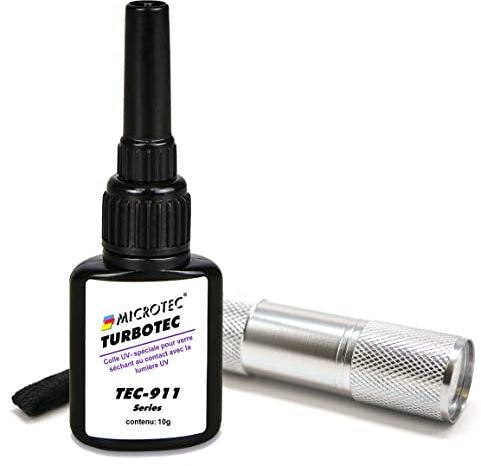Microtec® Turbotec 911 Colle spéciale pour verre - l’original | extra-forte pour le verre/métal | 10g | avec lampe de poche UV | colle séchant au contact avec la lumière UV et transparente