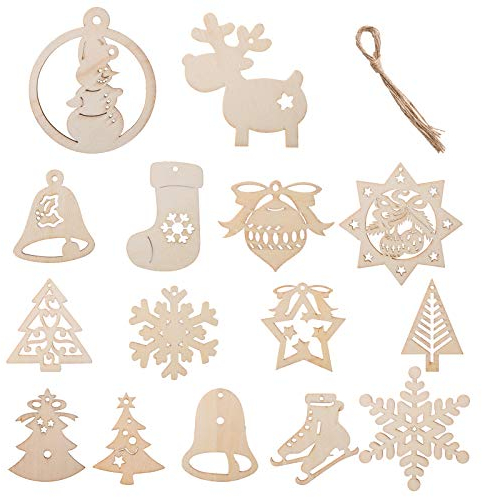 Kesote 30 Adornos Colgantes de Madera Árbol de Navidad Copo de Nieve para Decoración Navideña (15 Estilos)