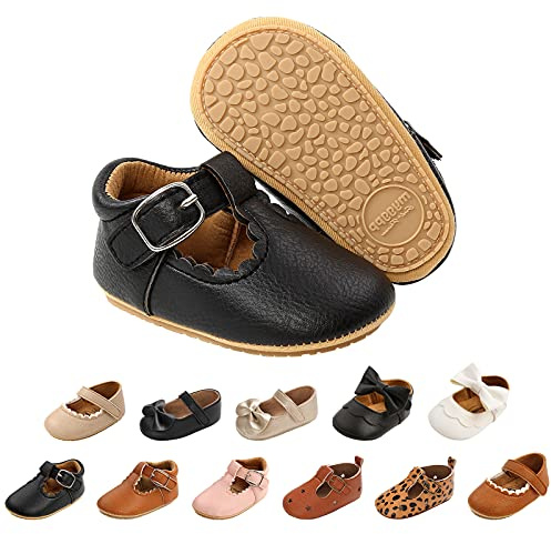Baby Girls First Walking Shoes Mary Jane PU Leather Anti-Slip Princess Shoes Infant Baby Shoes 6-12 Months,D Black