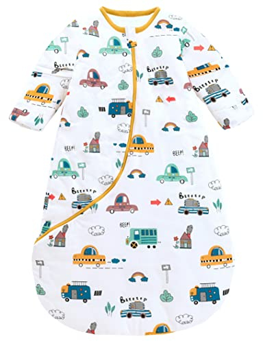 Chilsuessy Baby Schlafsack Winter mit abnembar Langarm Wattiert Babyschlafsack Kleine Kinder Ganzjahres Schalfsack Schlafanzug für Jungen und Mädchen extra Soft, Stadt Auto/3.5 Tog, 75-90 cm