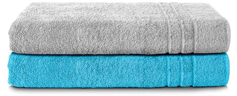 Komfortec 2er Saunatuch Set 70x200 cm aus 100% Baumwolle, XXL-Saunatücher, Sauna Handtuch, Weich, Groß, Frottee, Schnelltrocknend, Silber Grau/Türkis