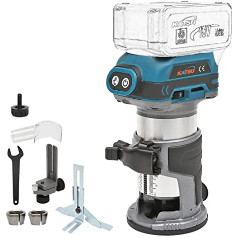KATSU FIT-BAT 21V Brushless Recortadora Inalámbrica Cortadora de Madera Laminador Enrutador Router con 3 Pinzas de Mandril de 1/4, 6mm y 8mm, sin Batería 102750