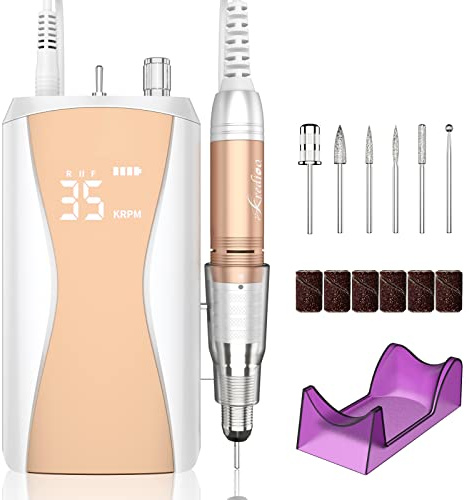 Kredioo Professional Electric Nail Files 35000RPM Portable Nail Drill for Gel Nail Acrylic Nails, Rechargeable E File Kit Manicure and Pedicure Set with Pause Button, 36W, Gold