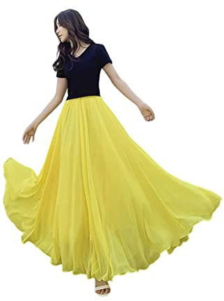 COTCLO Falda Larga de Baile Plisada para Mujer, Verano, Color Sólido, Cintura Alta, Gasa, Grande Con Vuelo, Amarillo, 48