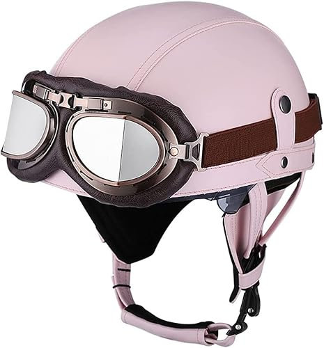 Deutschen Retro Motorrad PU Leder Helm Open Face Motorradhelm mit Schutzbrille ECE-Zulassung Motorradkreuzer-Rollerhelm im Scooter Mofa-Helm Vintage Jethelm für Herren Damen Pink,M
