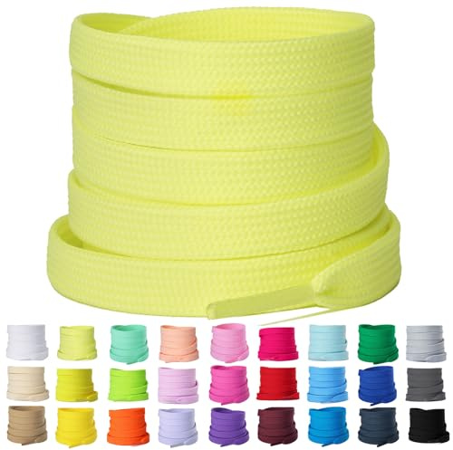 Olukssck 2 Pares Cordones de Zapatillas de Deporte, Cordones Planos de 8 mm de Ancho para Zapatillas, 15 Colores y Muchos Longitudes, Amarillo Claro, 90cm
