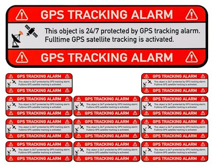 Klistermärkesuppsättning GPS TRACKING ALARM!, 12 st, 67 x 21 mm, självhäftande film, utomhushäftande, varningsdekaler för inomhus- och utomhusbruk, stöldskyddsdekaler, larmskyddade klistermärken