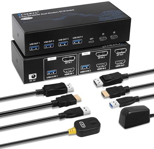 TCNEWCL Commutateur KVM 4K 120Hz/8K 60Hz - Switch 2 PC 2 Écrans HDMI/DP 1.4/2.1 USB 3.0 - Mode Étendu et Copie - Avec Contrôleur de Bureau et Câbles
