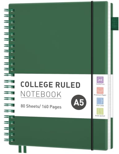 RETTACY A5 Spiral Notebook, Lined Journal, Notepad, 160 Pages, Dark Green | Flexible Plastic Cover Note Book, 100 GSM College Ruled Paper, with Pocket, Pen Loop, Ruler & Bookmark - 14.5 × 20.7 cm