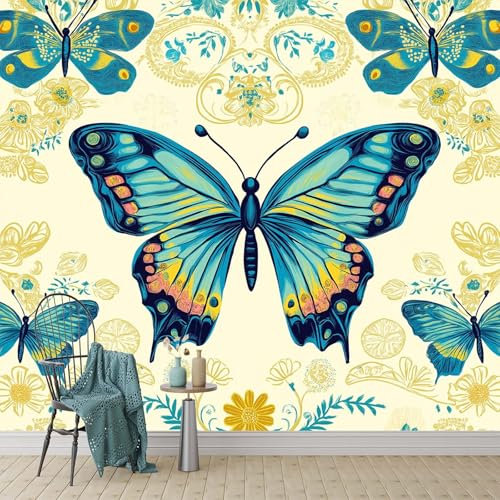 Papel Pintado Fotomural Paredes Mural Lana Papel Pintado 400 x 280 cm Arte Textil Tradicional Indio Papel tapiz Mariposa Azul Colorida para comedores Salones Habitaciones Sala Cuarto Oficina Salón