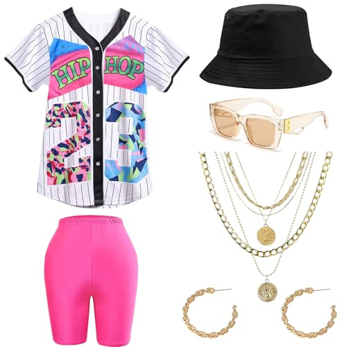 BITOYO Deguisement Annee 80 90 Femme Maillot Baseball Unisexe Hip Hop Leggings Yoga Chapeau Seau Lunettes Boucles d'oreilles Collier, Costume et Accessoires Annees 80 pour Carnaval Noël (M)