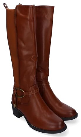 86855 Botas de Tacon para Mujer, Comodas y Elegantes, Detalle de Hebilla, Puntera Redonda y Cierre de Cremallera Lateral. Camel Talla 38