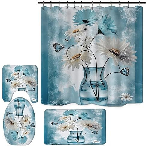 Duschvorhang Schmetterling Weiß Blau Badezimmermatte Verdickung Bad Teppiche Set, Duschvorhang Stoff+Bath Mat rutschfeste(50x80cm)+U-Typ Fußmatte Wasseraufnahme+Toilette Badmatte