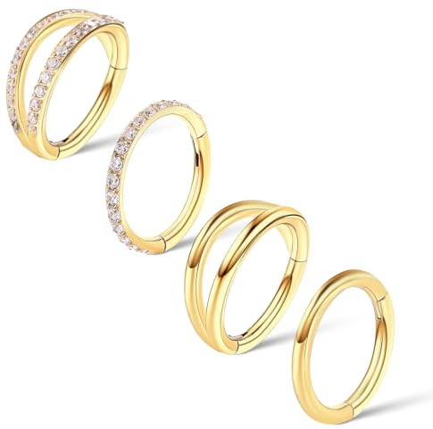 Lusofie 4 anelli da naso dorati sottili in nostril, piercing per orecchio, in acciaio chirurgico, per setto nasale, per donne e uomini, 8 mm, 16 g
