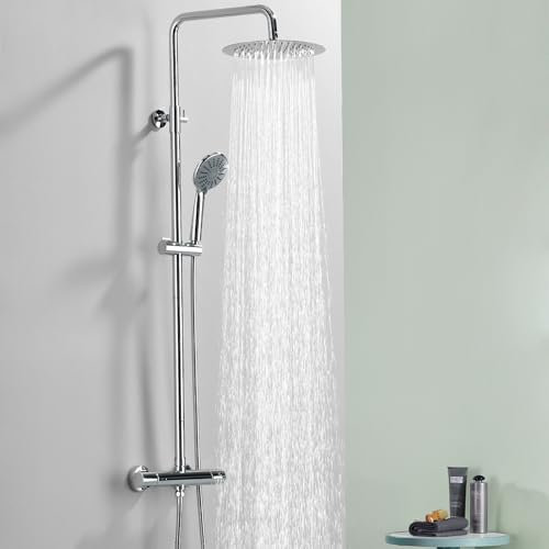 Kelleria Colonne de Douche Thermostatique Chromé, Verrouillage Sécurité à 38°C, Mitigeur Douche Complèt avec Douche Pluie 25x25cm Acier Inoxydable, Réglable Hauteur entre 96-124cm
