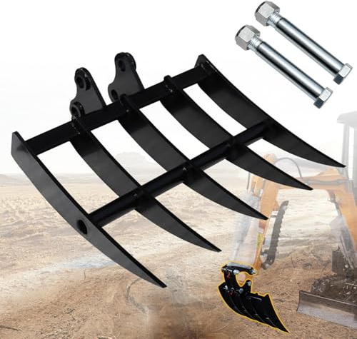 DANWIWEE Râteau de mini pelleteuse, accessoires pour pelleteuses de 800 à 1800 kg, large râteau d'excavatrice avec 2 boulons de diamètre d'alésage 25