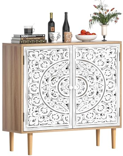 Yvsevnr Aparador Madera, Tallado Aparador de Cocina con 2 Puertas, Patas de Madera Maciza, Estantes Ajustables, Estilo Campestre, Mueble Almacenaje Auxiliar para Comedor Salón 80 x 35 x 78 cm