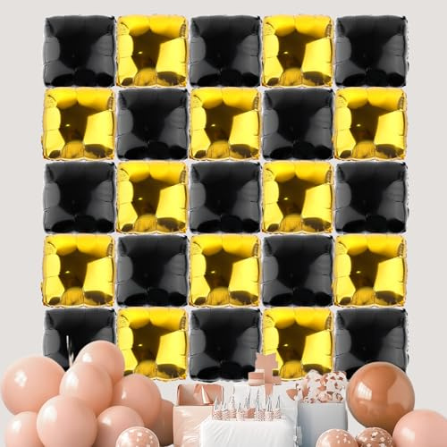 25pcs Square Foil Balloons Wall Kit, Double Sided Square Balloon Backdrop for Wedding Birthday Party Anniversary Bridal Shower Tunnel Arch Decoration (Black & Gold)
