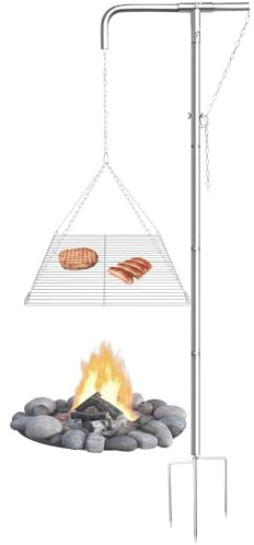 Tripod Campfire Grill with Adjustable Hanging Grate, 360° Rotating Fire Pit Grill System, Heavy Duty Stainless Steel Outdoor Cooking Stand for Camping & Backyard