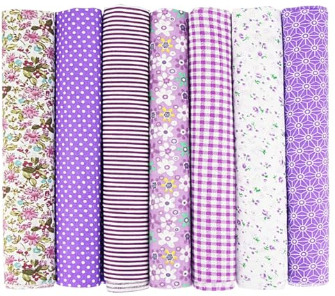 Yuiturt 7 stycken bomullstyg, tygpaket, 50 x 50 cm, lila tyg för lapptäcke, sömnad, quiltning och pyssel, tygrester för sömnad, olika mönster, tyg lila