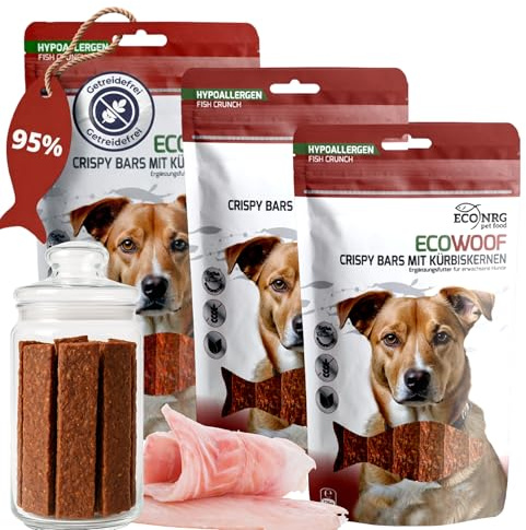ECO Woof Crispy Bars | Friandises pour Chien Naturelle | 3 x 125g | 95% Poisson avec graines de courge | Sans céréales | Snack Chien hypoallergénique | Dressage & récompense | Soins dentaires naturels