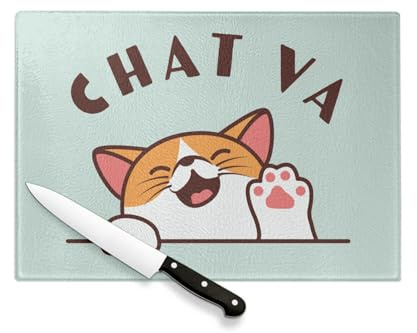 Planche à Découper en Verre Trempé - Chat va Chaton Humour Jeu de mot Dessin - Protection Plan de Travail et Dessous Plat Résistant Chaleur 2 Tailles Imprimé en France