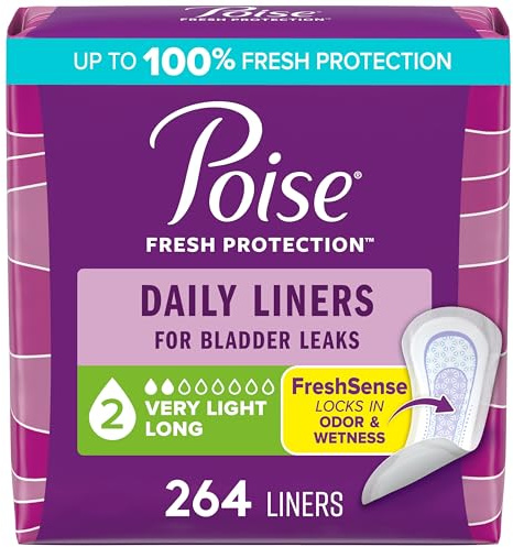 Poise Daily Liners, Incontinence Panty Liners for Bladder Leaks, 2 Drop Very Light Absorbency, Long Length, 264 Count of Pantiliners (6 Packs of 44), Packaging May Vary