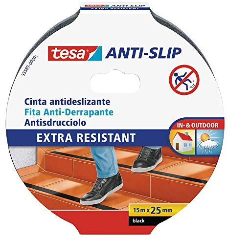 tesa Nastro Antiscivolo Nero - Nastro adesivo antiscivolo per l'uso interno ed esterno - Per scale, rampe, pavimenti lisci o bagnati e barche - 15 m x 25 mm