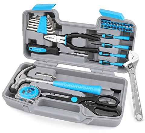 Hi-Spec 40pc Blue Compact Hand Tool Kit Set for Home & Office DIY. Essential Tools for Household Repairs in a Portable Toolbox Case