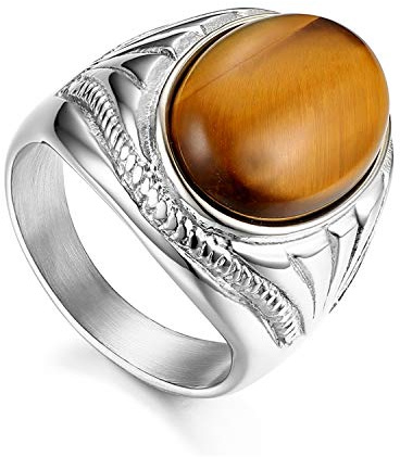 Flongo män tigeröga bandringar, herr rostfritt stål brun oval cabochon ring färg silver storlek T 1/2, klassisk tigeröga bandring för alla hjärtans dag jul bröllopspresent