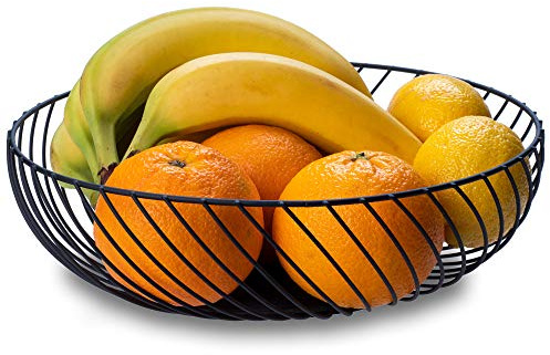 KADAX Fruktkorg av stål pulverlackerad, fruktskål, dekorativ trådkorg, modern metallkorg för frukt, grönsaker, snacks, tidning, badrum, snackskorg, design, fruktkorg (svart, 28 cm, rund)
