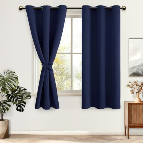 DWCN Navy Blue Blackout Curtains with Tiebacks for Bedroom Thermal Insulated Solid Eyelet Curtains for Living Room,2 Panels,46 Wide x 72 Drop
