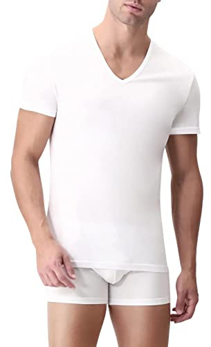 Set 2 Magliette Intime Uomo Cotone Elasticizzato Girocollo e Scollo V - T Shirt Basic Finissima Cuciture Piatte Intimo Maglietta Uomo Nera Bianca e Colorata (2 Scollo V Bianche, 6/XL)