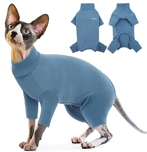 PUMYPOREITY Sphynx Katze Kleidung, Katzenbody Nach Op Postoperative Kleidung für Katzen Body Operation Recovery Anti-leckende Langarm 4 Beine Pyjama für Katzen(Blau, XXL)