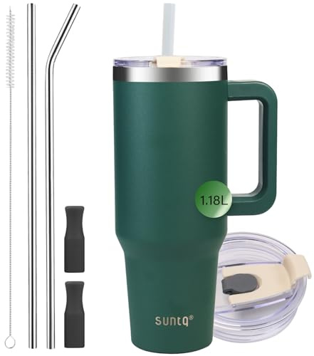SUNTQ 1180ml/40oz Tumbler mit Griff, Doppelwandige Vakuum Isolierte Wasserflasche mit Stroh und Deckel, Edelstahl Reise Kaffeebecher, Thermische Tasse für Getränke, Fit in Becherhalter(Grün)