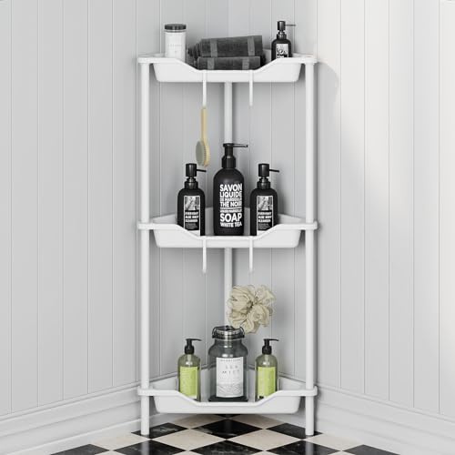 Oriware 3 Niveles Estanteria Baño de Ducha de Pie, Organizador de Esquina de Piso, Cesta Ducha sin Taladrar para Baño, Blanco