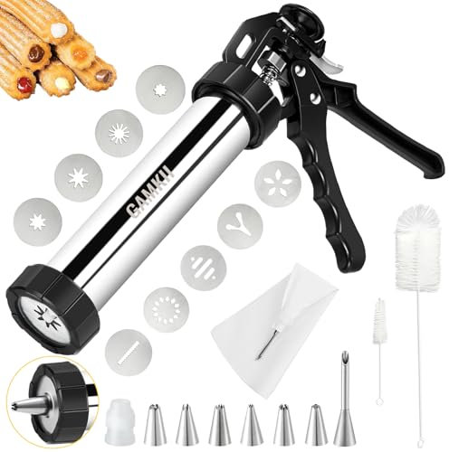 GAMKII Churro Maker Macchina Stailness Acciaio Churrro Gun Kit con 4 Fette per Churro Cavo, 5 Cookies Discs, 6 Icing Piping Nozzle, 2 Spazzole Pulite per Torta Dessert DIY Maker Cookie Presse