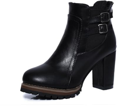 WOFANLULY Ladies Ankle Boots, Round Toe Back Zip Mid Block Heeled Winter Ankle Boots for Women (Black, Size 4)